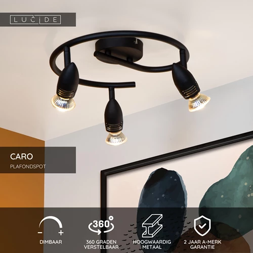 Lucide CARO - Plafondspot - Ø 31 cm - 3xGU10 - Zwart - USP